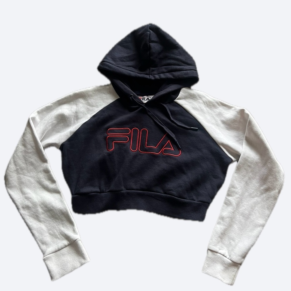 FILA Blue & White Cropped Hoodie with Red Logo